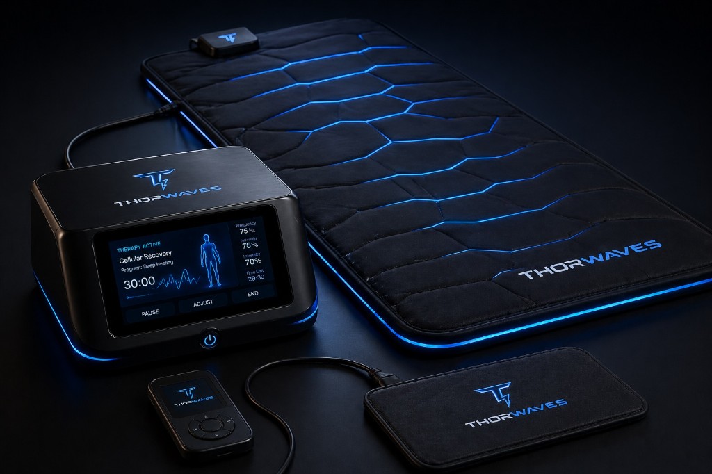 Thorwaves PEMF therapy system: control console, therapy mat, pad, and remote.